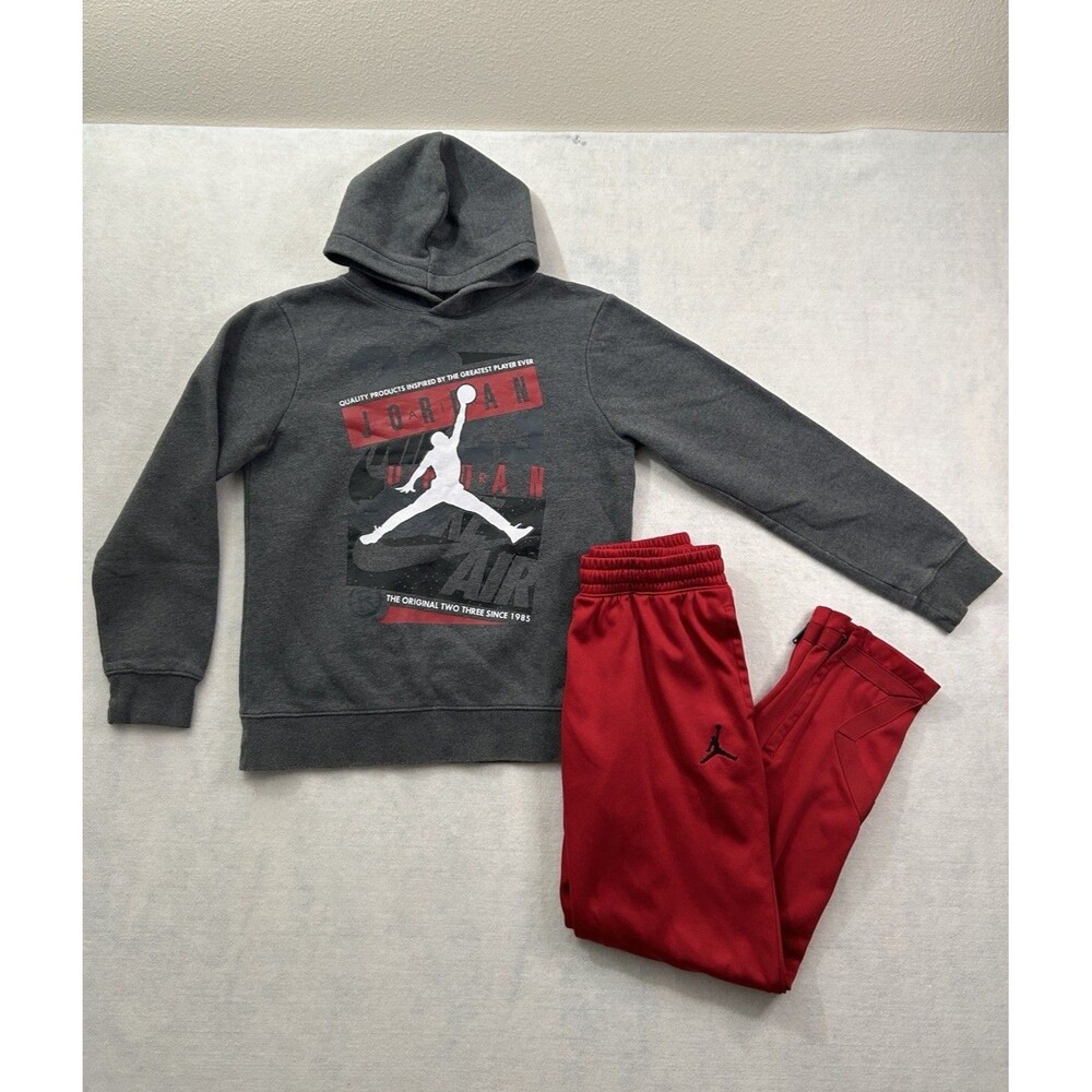 Jordan Boys Hoodie Sweats Joggers Set Gray Red Jumpman Tracksuit Large L 12-13